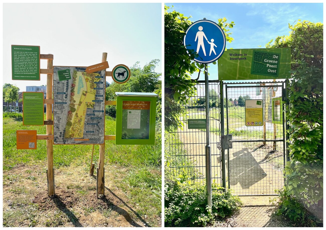 Toegangspoort en welkomstborden van buurtpark Groene Poort Oost
